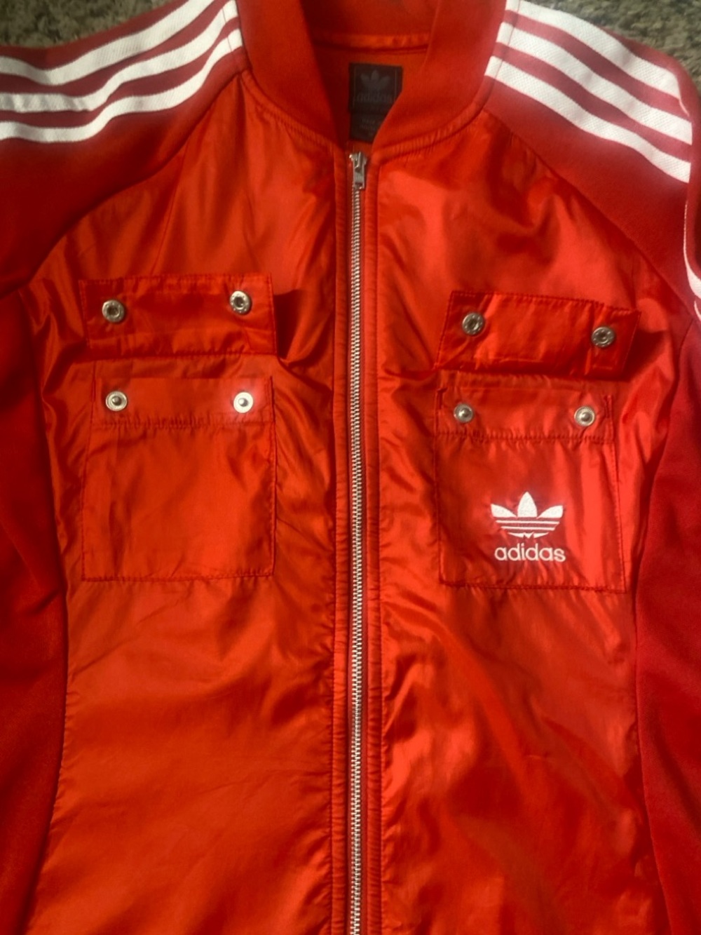 Vintage 2005 Adidas Red Women's Zip-Front Bomber Jacket Dress with White Stripes - Picture 6 of 7